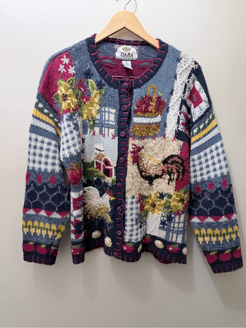Vintage Tiara Harvest Cardigan Chicken Cottage Granny Chunky Knit Sunflower M
